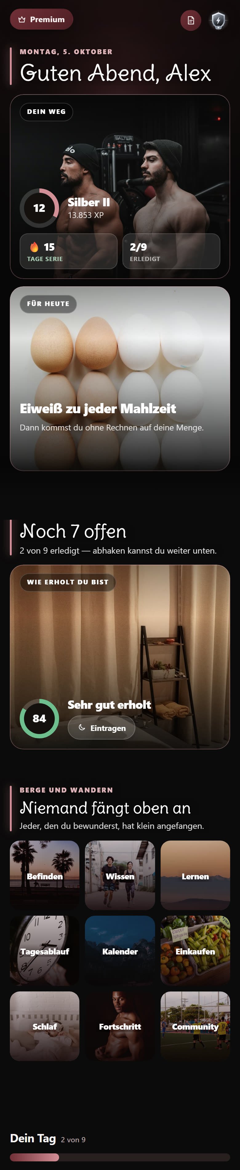 Startseite der App Ascendia mit Tagesziel, Rang und Training für heute